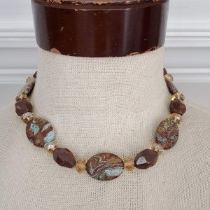 Polychrome & Red Jasper Stone & Crystal Bead Necklace